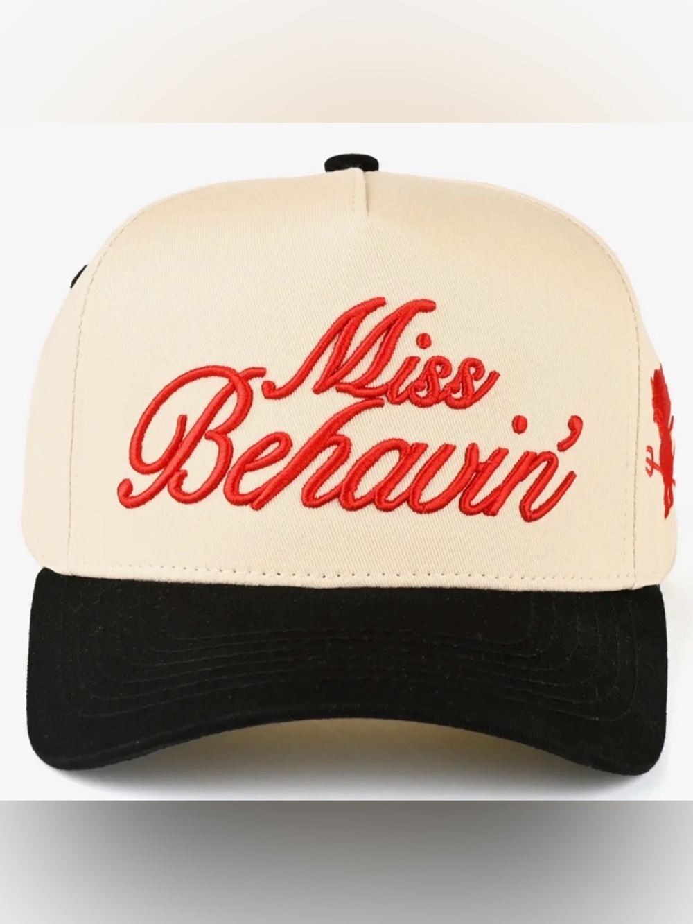 CC Boutique Cream and Black 'Miss Behavin'' Hat with Red Embroidery